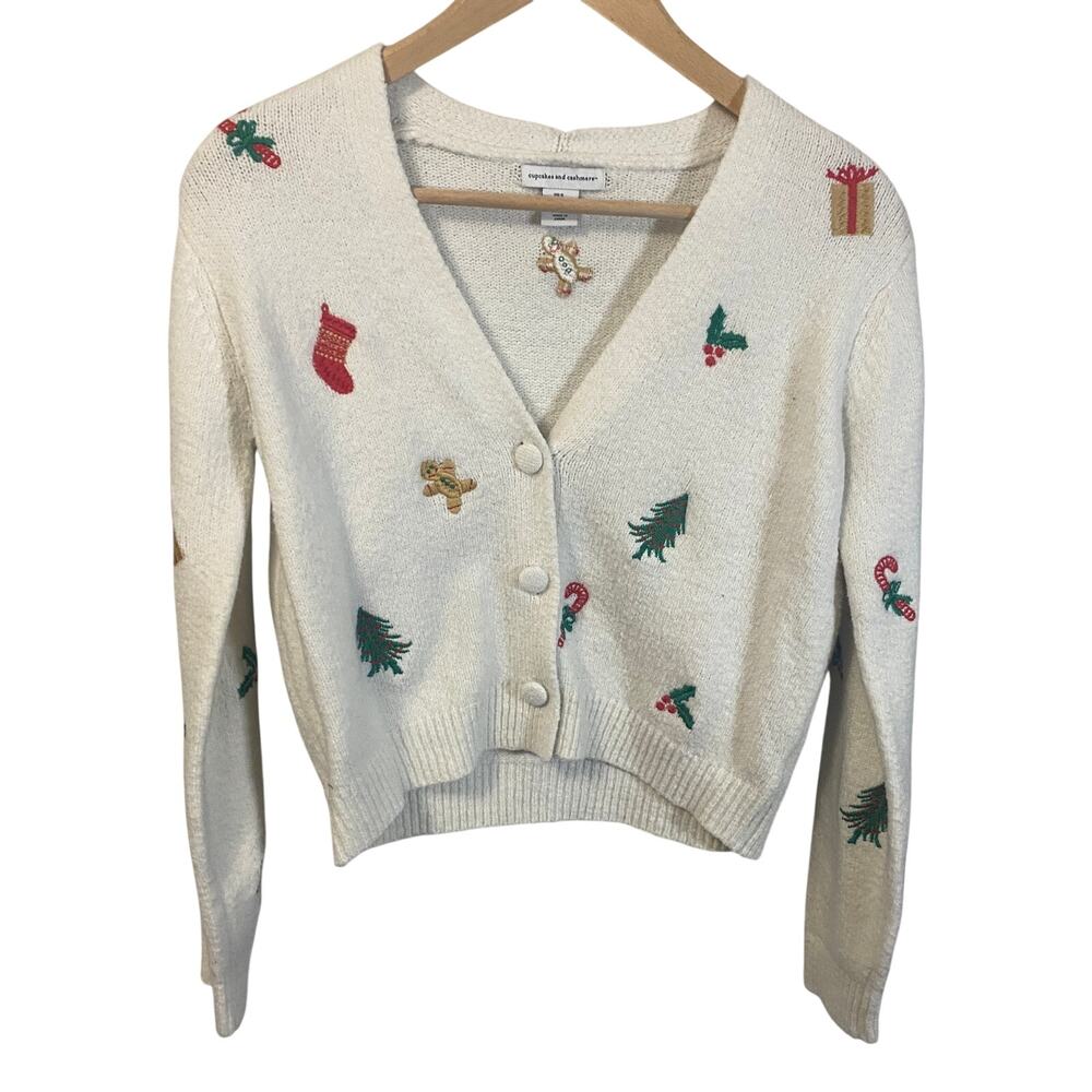 Cupcakes and Cashmere White Christmas Knit Cardigan Whimsical Kidcore Sz S